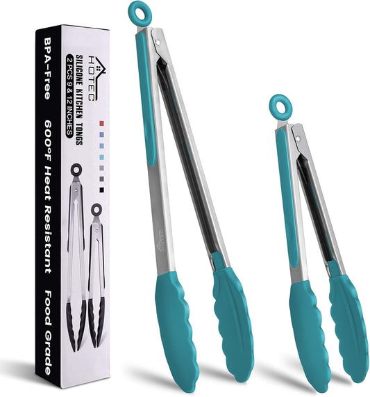 HOTEC Premium Stainless Steel Locking Kitchen Tongs with Silicon Tips, Set of 2-9" and 12", Turquoise
