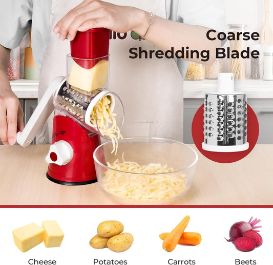 X Home Rotary Cheese Grater for Kitchen, Shredder with 3 Interchangeable Blades, Rotary Grater with Handle and Strong Suction Base, for Vegetables, Fruit, Nuts, Easy to Use and Clean, Red
