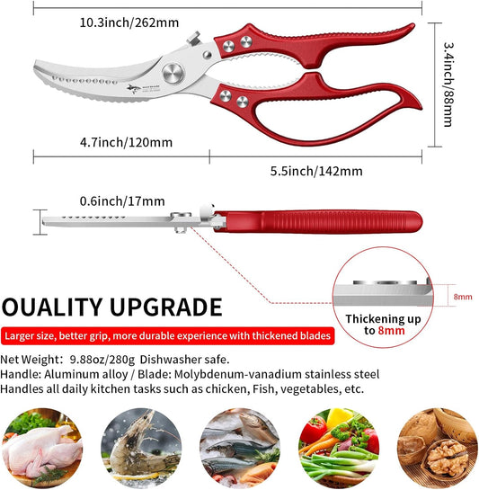 MAD SHARK Professional Heavy Duty Poultry Shears - Kitchen Shears for Spatchcocking Chicken and Meat Cutting, Multi-Purpose Kitchen Scissors for Food, Spring-loaded (Red)