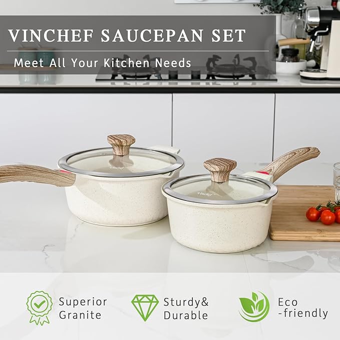 VINCHEF Sauce Pan Set with Lid 10PCS, 3 White Non Stick Cooking Pots Induction pot sets, Saucepan Set with Silicone Tools and Pot Protectors, PFAS and PFOA Free (2QT+3QT+4QT)