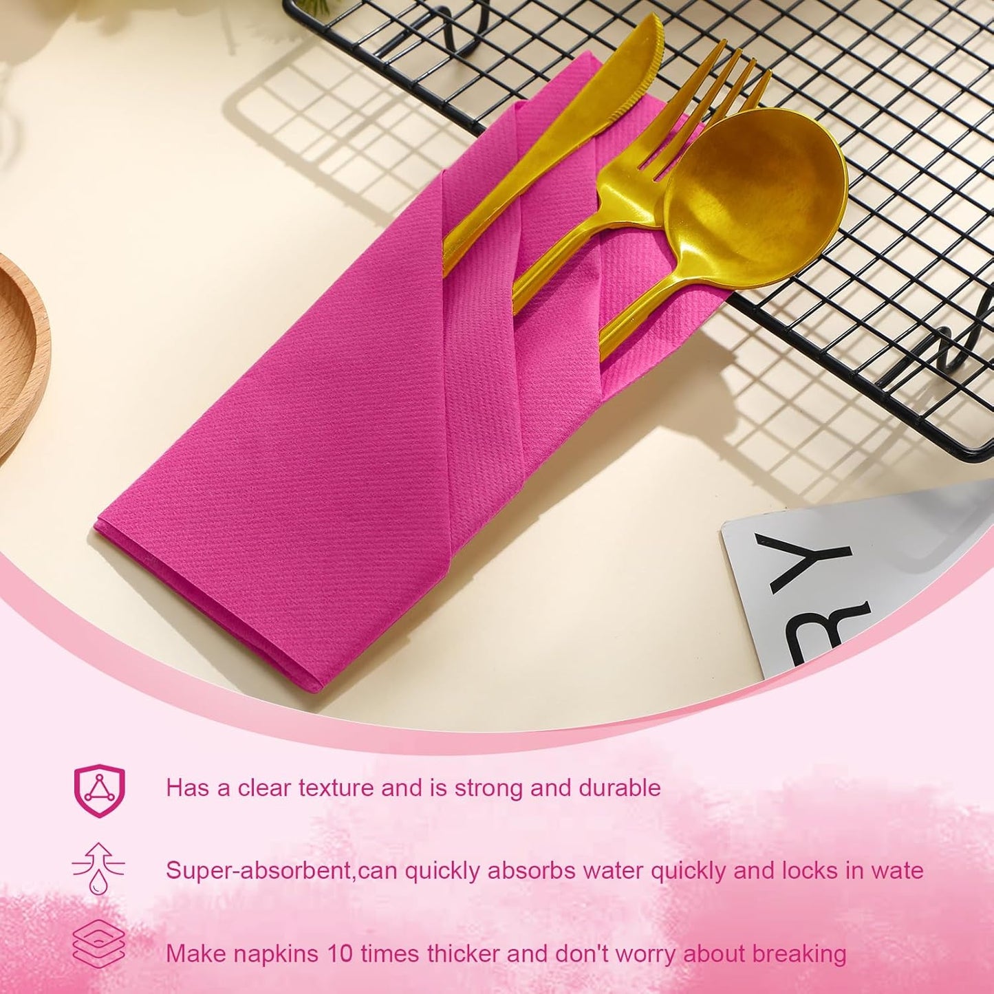 Qilery 50 Pcs Paper Linen Napkins Disposable Airlaid Paper Prefolded Dinner Napkins with Built in Flatware Pocket for Silverware Valentine Wedding Party Christmas Day (Hot Pink)
