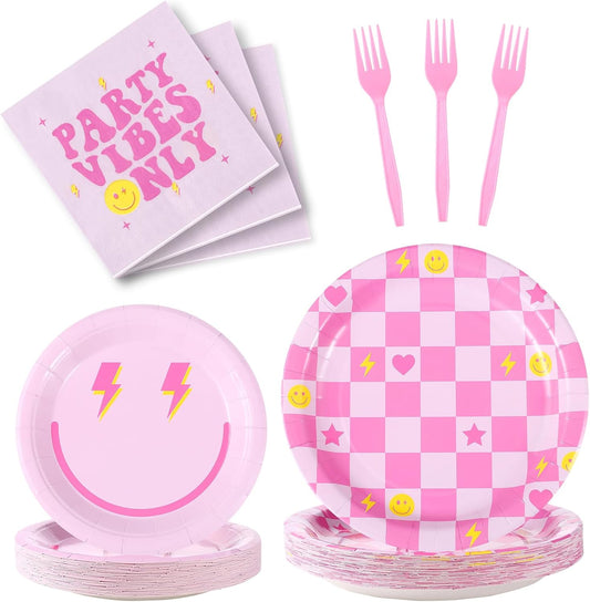 160Pcs Preppy Smile Face Party Tableware Set Pastel Paper Plates Napkins Preppy Smile Face Dinnerware for Birthday Party Baby Shower Decoration Serve 40 Guest