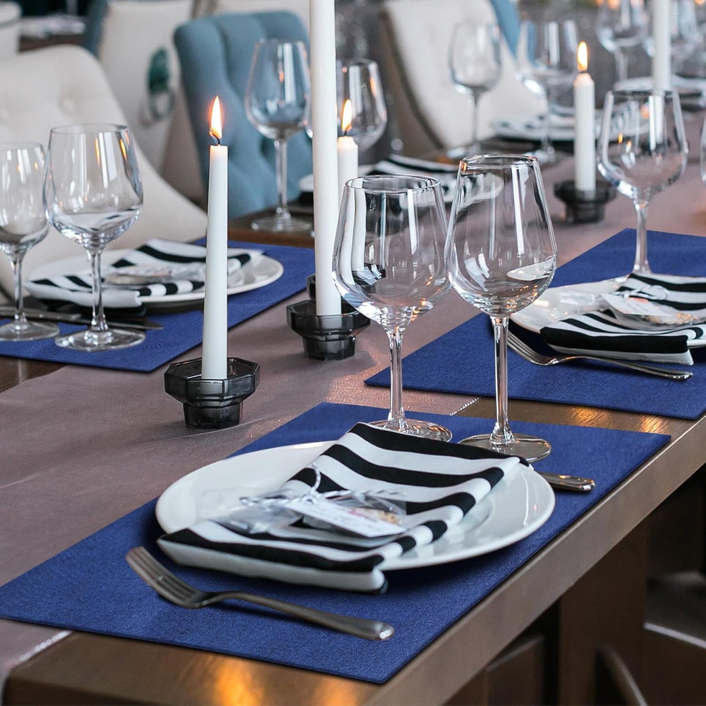 Sieral Cloth Placemats Set of 12 Rectangle Dining Table Placemats Bulk 13 x 19 Inch Machine Washable Heat Resistant Cotton Linen Table Mats for Wedding Baby Shower Birthday Party Supplies(Dark Blue)