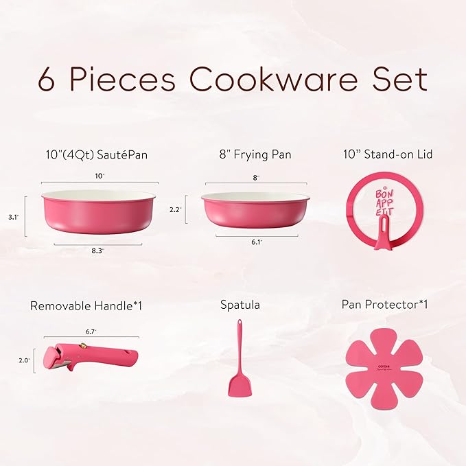 CAROTE Ceramic Pots and Pans Set Non Stick, Nonstick Kitchen Cookware Sets with Lid, Detachable Handle Sauté Pan Set, Non Toxic Frying Pan, Oven Safe, Induction Ready, Pink
