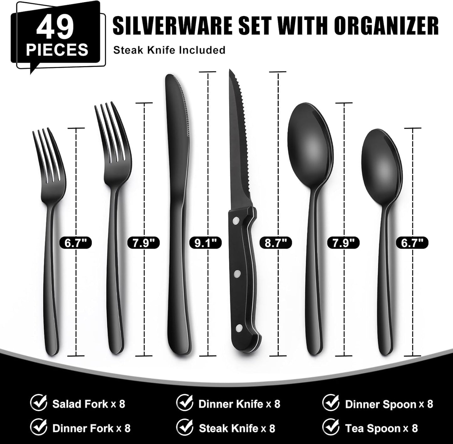 49-Piece Black Silverware Set with Organizer, Heavy Duty Stainless Steel Black Flatware for 8, Cutlery Utensil Sets with Steak Knives, Rust-proof, Mirror Polished, Dishwasher Safe