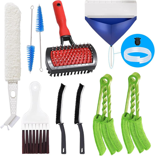 10 Pcs Split Air Conditioner Cleaning Kit with Waterproof Bag, HVAC Cleaning Tool Set for Home, Bathroom, Sink, Appliance, and Grout Cleaning