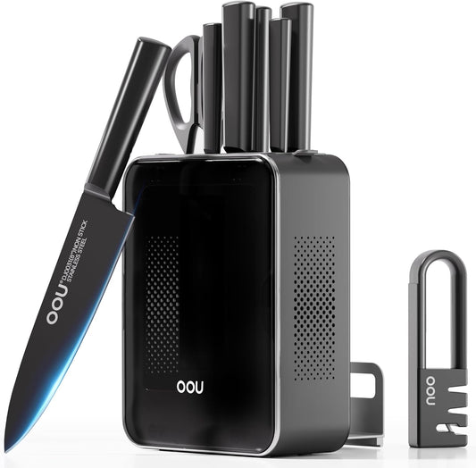 OOU Knife Set with Block and Sharpener,9 Pcs High Carbon German Steel Knife Block Set, Dishwasher Safe Knife Set with Upgrade Ventilated Block & Built-in Cutting Board Organizer, Anti-Rust