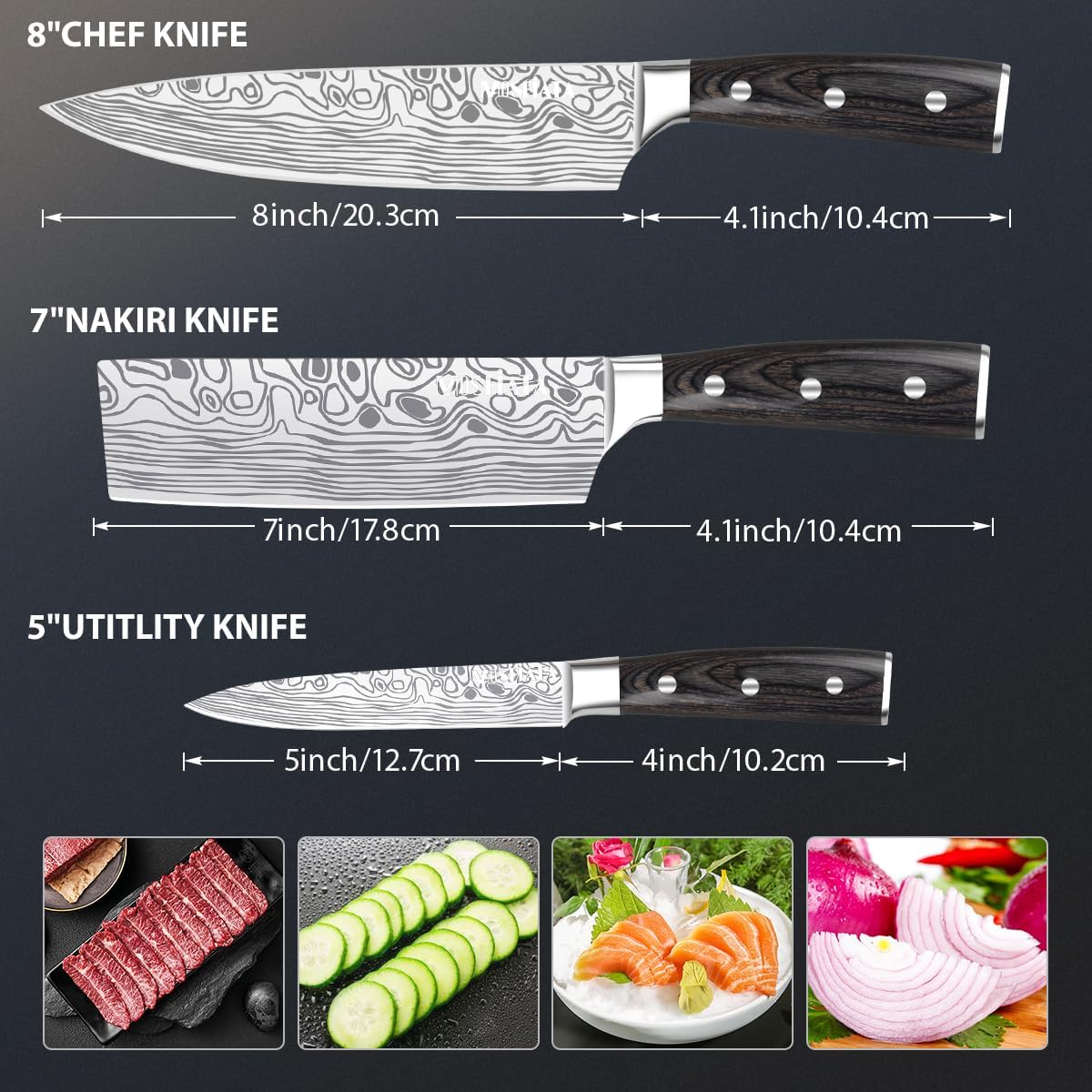 MOSFiATA Professional Chef Knife Set with German High Carbon Stainless Steel Kitchen Knife Set 3 PCSwith Finger Guard,Knife Sharpener,Knives Set for Kitchen with Gift Box