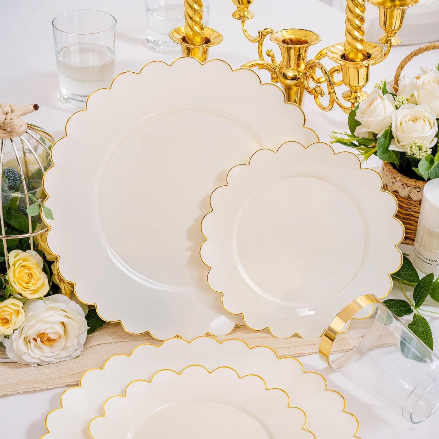 LIYH 210 Pcs Ivory Plastic Plates Thanksgiving Plastic Plates Cream Gold Scalloped Plate Thanksgiving Dinnerware sets Include Plate Gold Silverware Napkins Cup for Birthday Friendsgiving Day 30 Guests