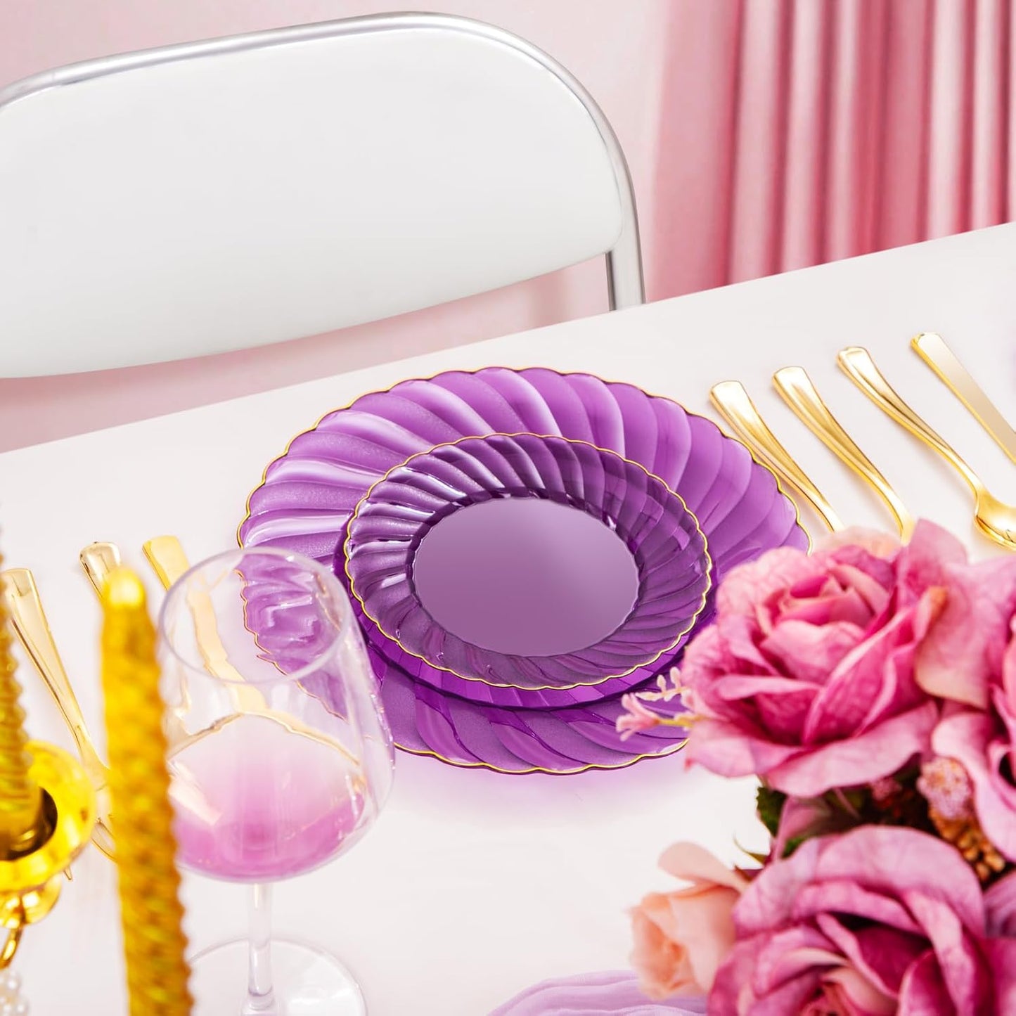 YOUBET 125PCS Purple Plastic Dinnerware Set - Gold and Clear Purple Disposable Plates Include 50 Plastic Plates 75 Silverwares for Wedding Birthday Parties