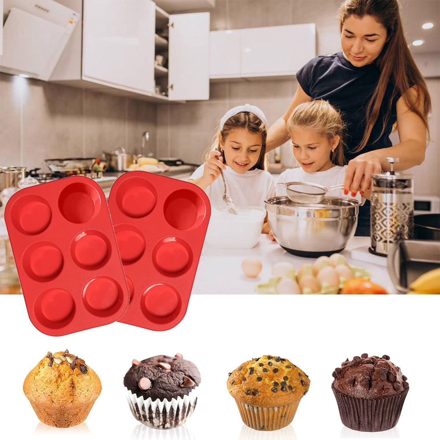 Commercial-Grade Silicone Muffin Pan (2-Pack) - 6-Cup Non-Stick Mold for Baking, Meal Prep & Crafts | Oven/Dishwasher Safe, BPA-Free, Perfect for Cupcakes, Savory Bites & Soap Making