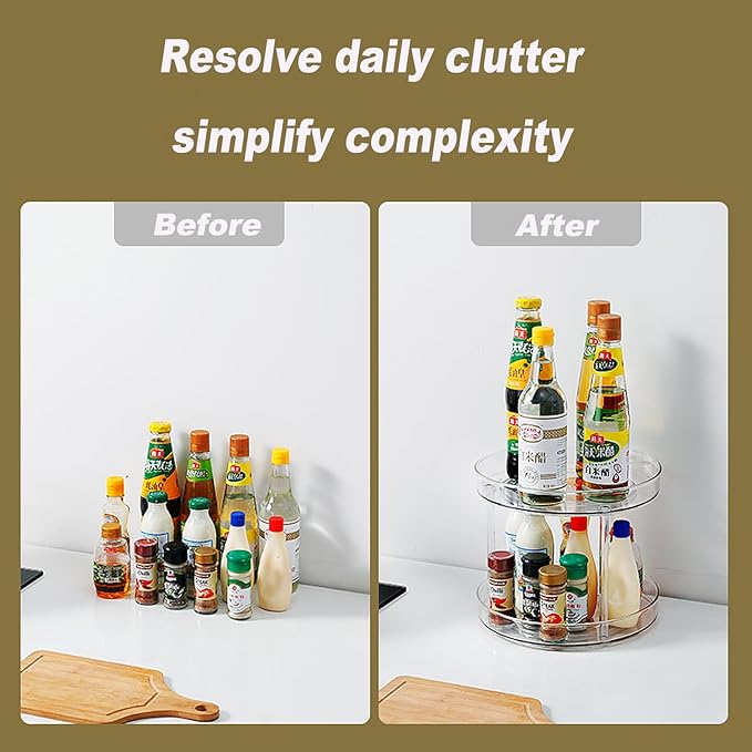 2 Tier 9.25Inch Clear Lazy Susan Organizer for Fridge and Cabinet, 360°Rotating Makeup Organizer, Cosmetic Display Cases, Under Sink Turntable Organizer for Kitchen Bathroom Dorm