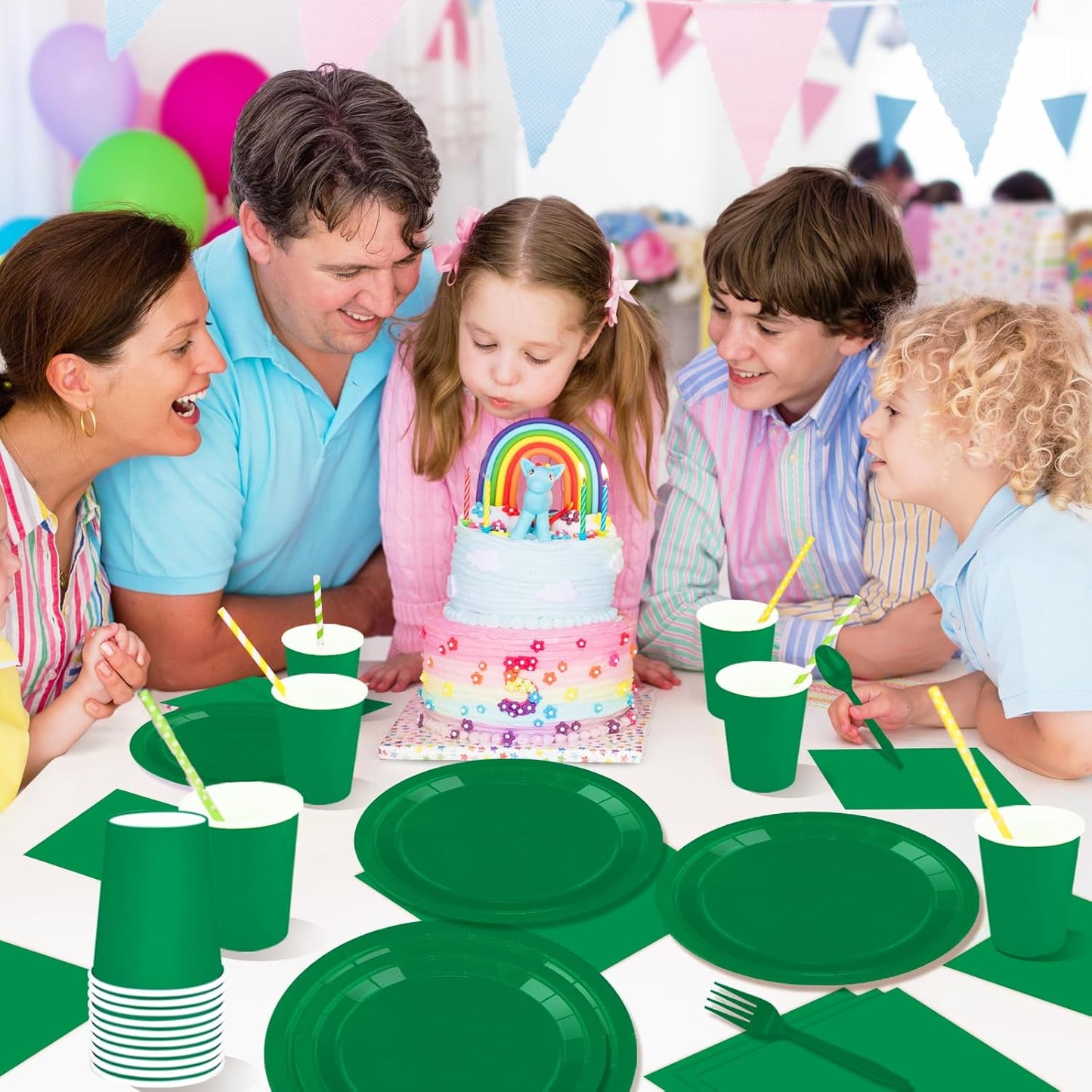 TWOWYHI 228PCS Green Party Supplies Set Include Paper Plates Cups Paper Napkins Plastic Spoons Forks Knives for 30 Guests Disposable Party Dinnerware for Birthday Wedding Family Picnic