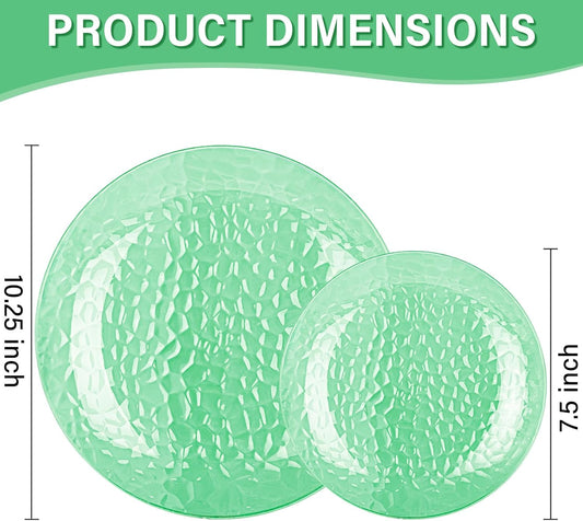 Rubtlamp 100 Pcs Clear Green Plastic Plates Dinnerware Set, Green Hammered Disposable Plates, Clear Plastic Party Plates Set Include 50 Dinner Platos,50 Dessert platos for Party