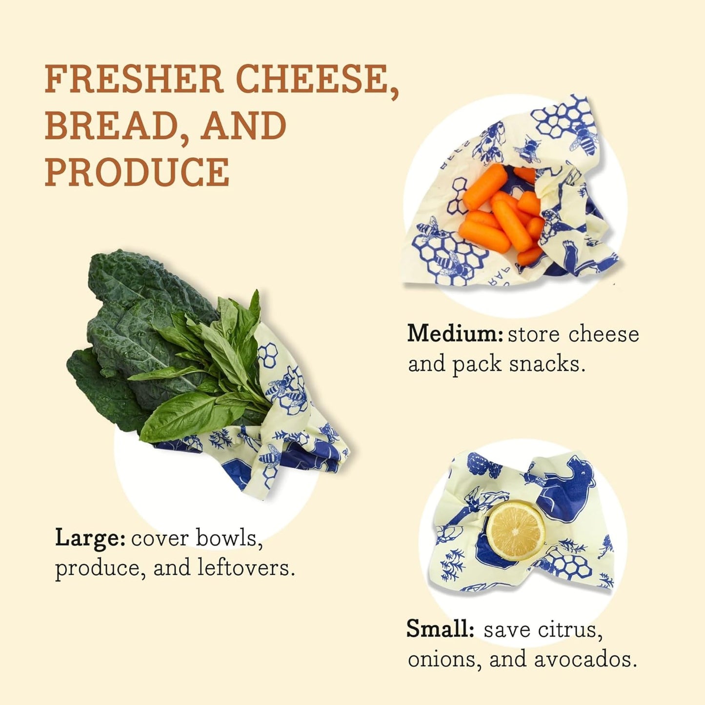 Bee's Wrap Beeswax Wraps for Food - Made in USA Reusable & Organic Food Wraps, Sandwich Wrap & Bowl Covers - Eco-Friendly Alternative to Aluminum Foil & Plastic Wrap, Bee's + Bears 3 Pack (S, M, L)