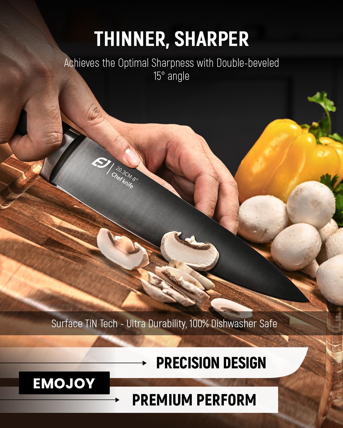 Knife Set, Emojoy 17-Piece Kitchen Knife Set with Heavy-Duty Acacia Block, Premium Titanium Stainless Steel Knife Block Set with Built-in Sharpener, Rust Proof