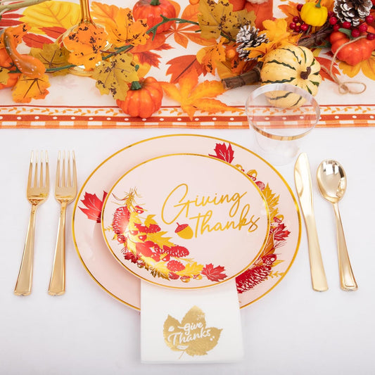 Morejoy 175PCS Thanksgiving Plastic Plates, Pink Gold Plastic Plates Disposable Include: 25 Dinner Plates, 25Dessert Plates,25 Cups,25 Forks,25 Knives,25 Spoons,25 Napkins,Perfect for Thanksgiving.