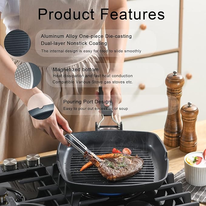 SKITCHN Nonstick Grill Pan With Folding Handle - Induction Compatible KBBQ Pan for Stove Tops, Indoor Square BBQ Grilling With Pour Spouts - 11 in