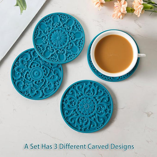 Colinda Silicone Coasters - Set of 6 with Holder, Non-Slip Cup Mats for Hot and Cold Drinks, Decorative Designs, Gift Ready Packaging,Teal