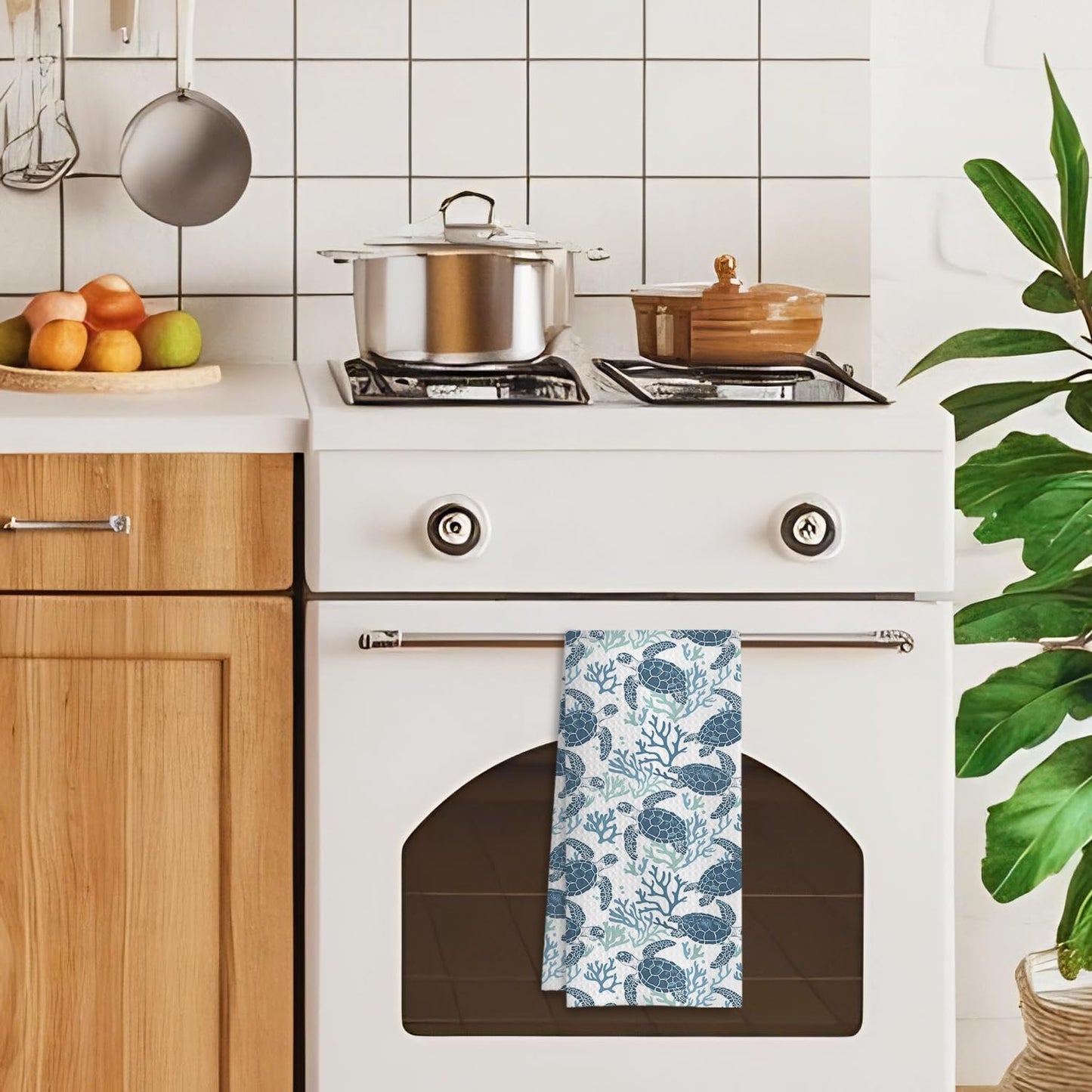 Coral Sea Turtle Coastal Kitchen Towels, Navy Blue Beach Hand Towels for Bathroom, Blue Ocean Animal Beachy Nautical Dish Tea Towels for Kitchen Decor, 16x24 Inches