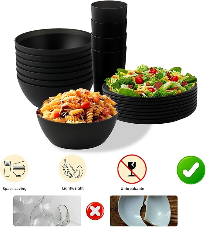 24pcs Dinnerware Sets,Plastic Plates and Bowls Sets,Dishes Set for 8,Unbreakable Modern Dish Sets,Reusable Dinning Set,Dishware Sets for Kitchen,Party or Picnic, Dishwasher Safe,Black,BPA free