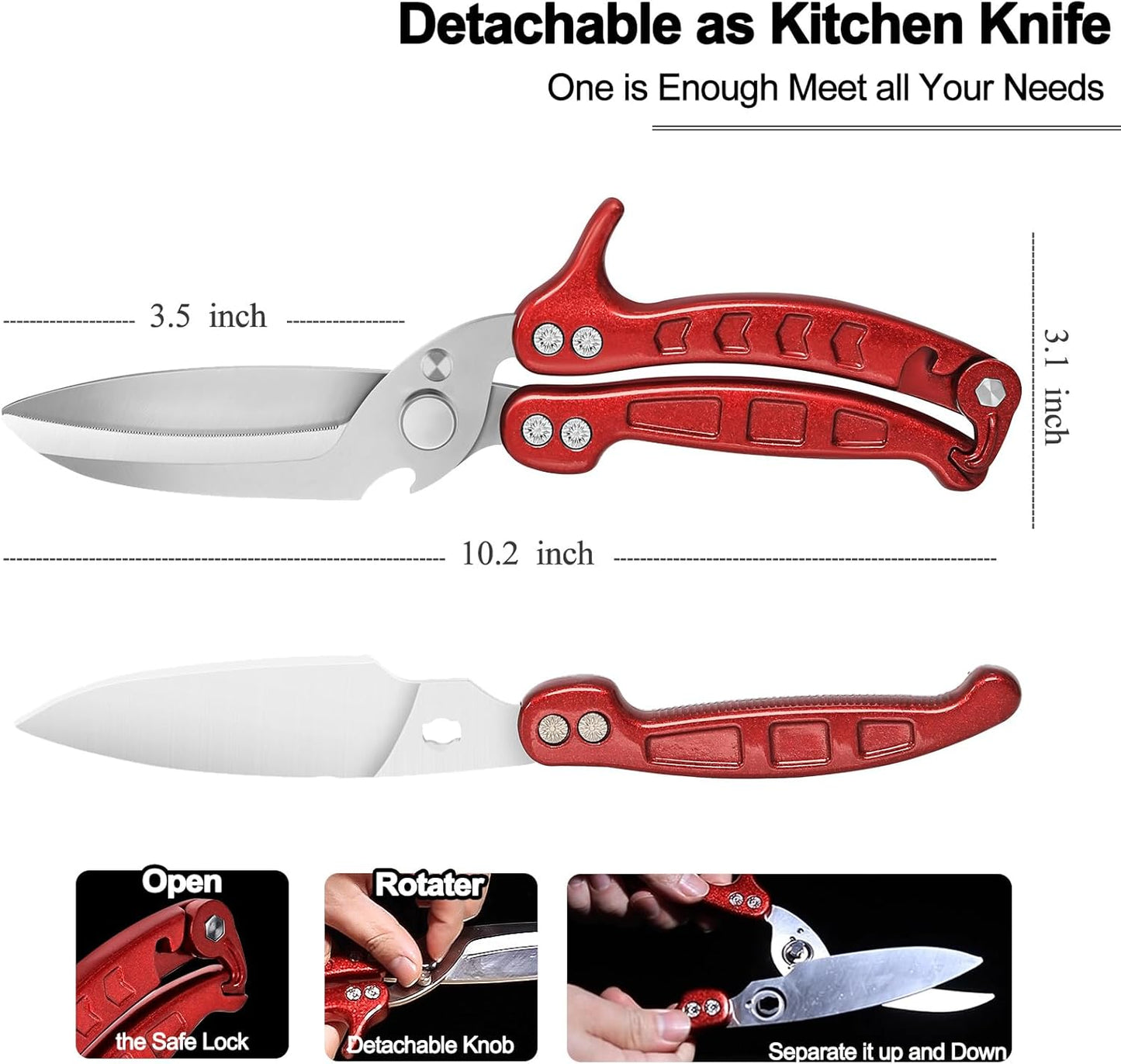 Heavy Duty Kitchen Shears, Detachable Poultry Shears with Serrated Edge, Spring-Loaded Stainless Steel Chef Scissors Cutting Bone, Chicken, Fish, Food, Meat, Burgundy Full Steel Handle
