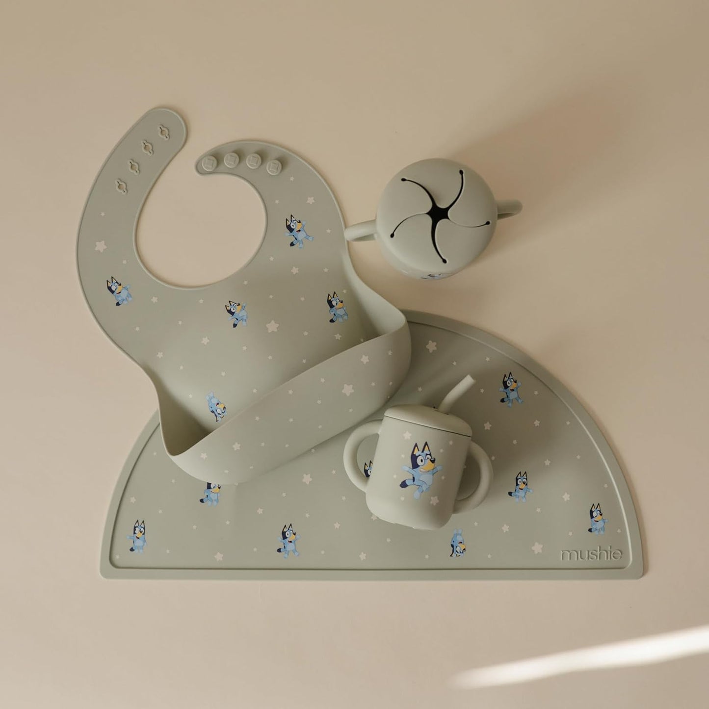 mushie x Bluey Silicone Snack Cup | Spill Proof Food Container for Toddler and Baby (Bluey Sage)