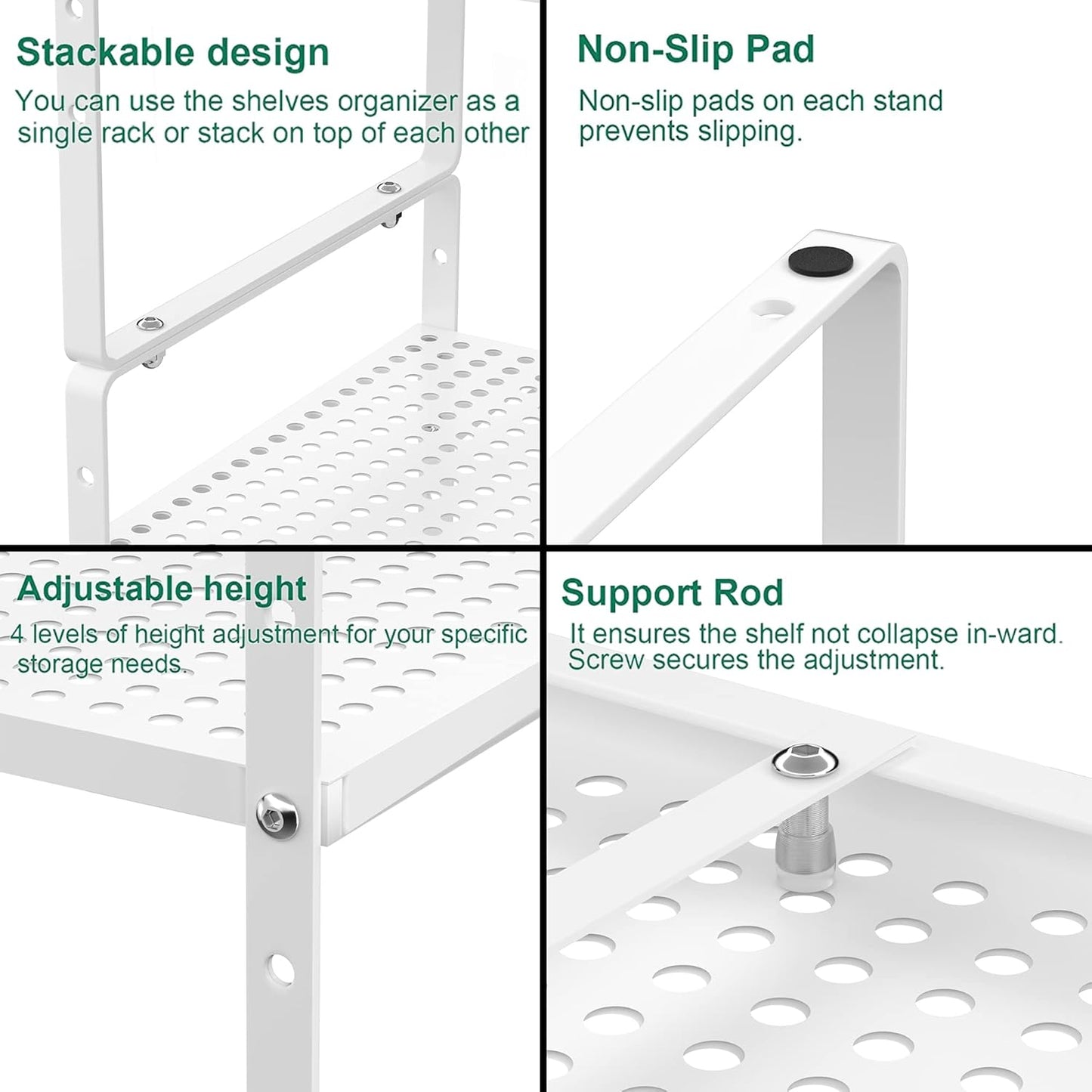 Redrubbit Expandable Cabinet Storage Shelf, Adjustable Height Steel Metal Kitchen Counter Organizers Shelves Spice Rack for Kitchen Pantry Bathroom Cupboard Desk Home Office, White-1 Pack