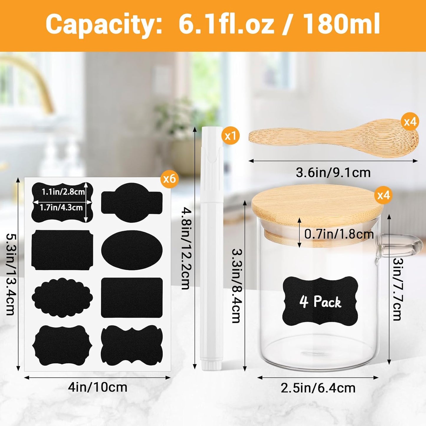 Glass Jar with Bamboo Lids and Spoon - 4 Pack 6 Fl.oz Round Glass Food Storage Jars with Airtight Lid, Includes Labels and Marker, Clear Coffee Sugar Container Set, Loose Tea Canister for Spice
