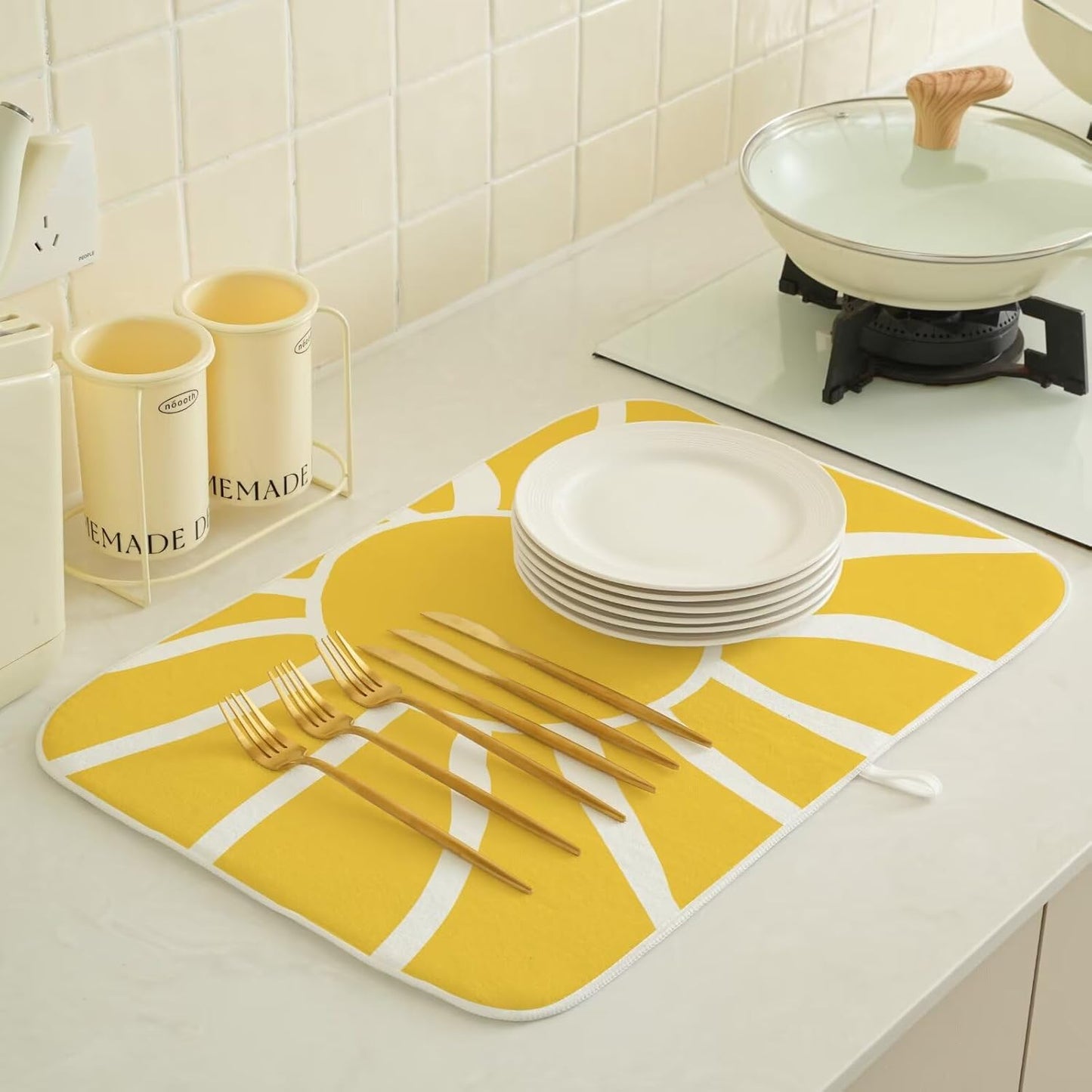 Summer Dish Drying Mat 18 x 24 inch, Yellow Sunshine Decorative Decorative Drying Mats Microfiber Absorbent Dish Washable Draining Mat for Kitchen Counter Decor