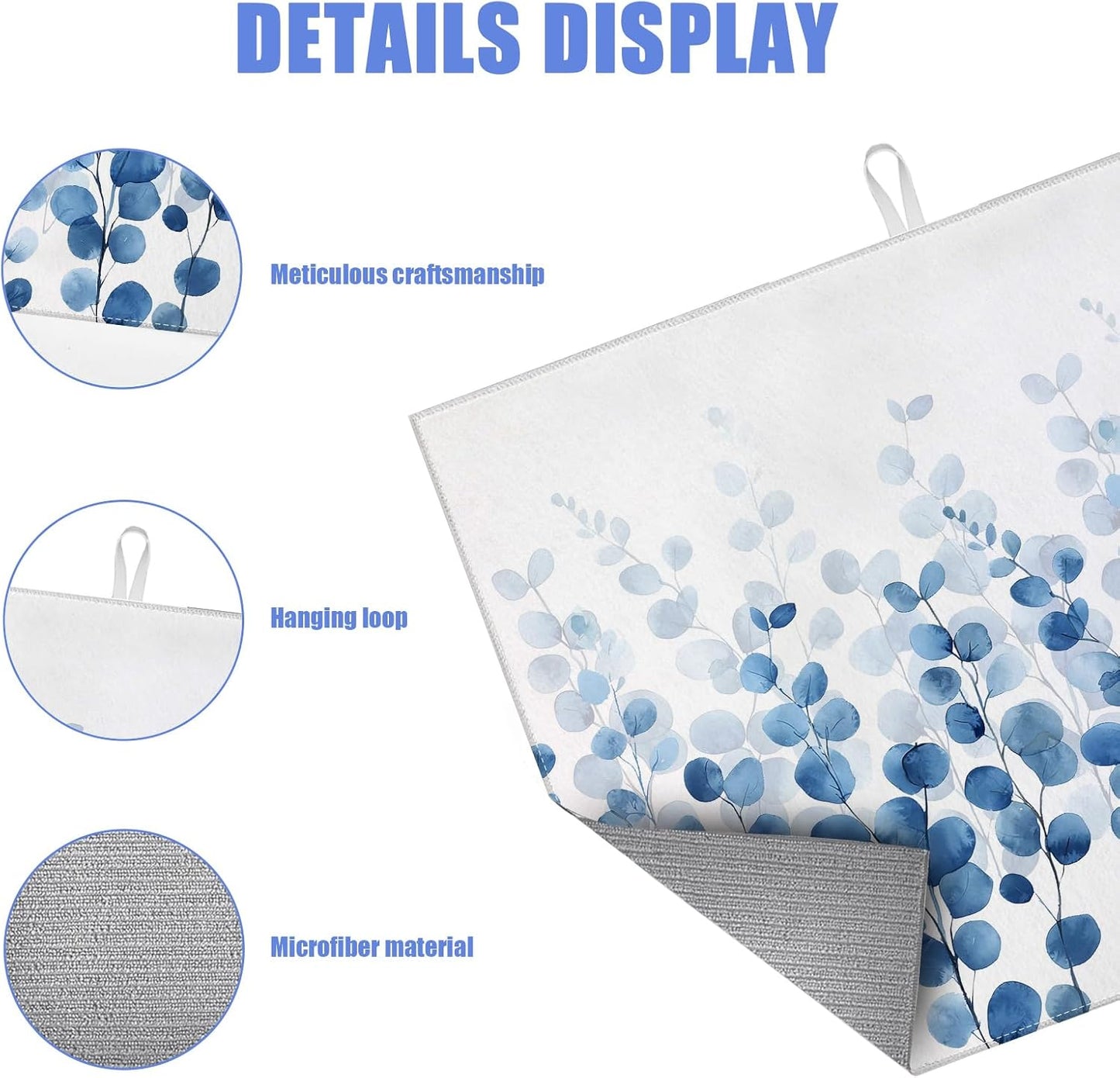 Blue Eucalyptus Leaves Dish Drying Mat for Kitchen Counter Drying Pad Absorbent Reversible Dish Drainer Rack Mats Draining Pad 18"x24"Inch