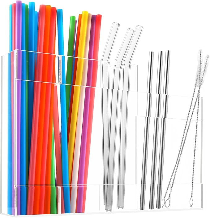 Acrylic Straw Dispenser Organizer - Reusable Metal Straw Holder for Countertop & Cabinet Storage - Ideal for Tumbler Cups, Keep Straws Neat & Accessible, Compatible with Long & Short Straws (Clear)