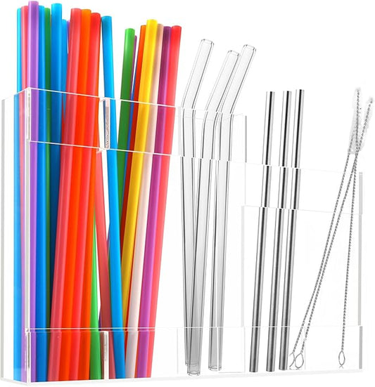 Acrylic Straw Dispenser Organizer - Reusable Metal Straw Holder for Countertop & Cabinet Storage - Ideal for Tumbler Cups, Keep Straws Neat & Accessible, Compatible with Long & Short Straws (Clear)