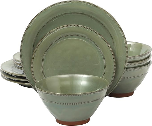 Gibson Elite Terranea 12 Piece Dishes Reactive Glaze Plates and Bowls Terracotta Dinnerware Set - Service for 4 - Green