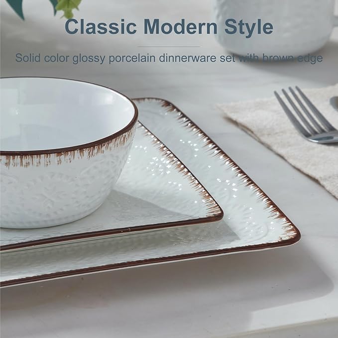 ONEMORE Ceramic Dinnerware Set, 16PCS Square Plates, Bowls & Cups Set - Scratch Resistant, Dishwasher Safe Kitchen Dishes, Ceramy White