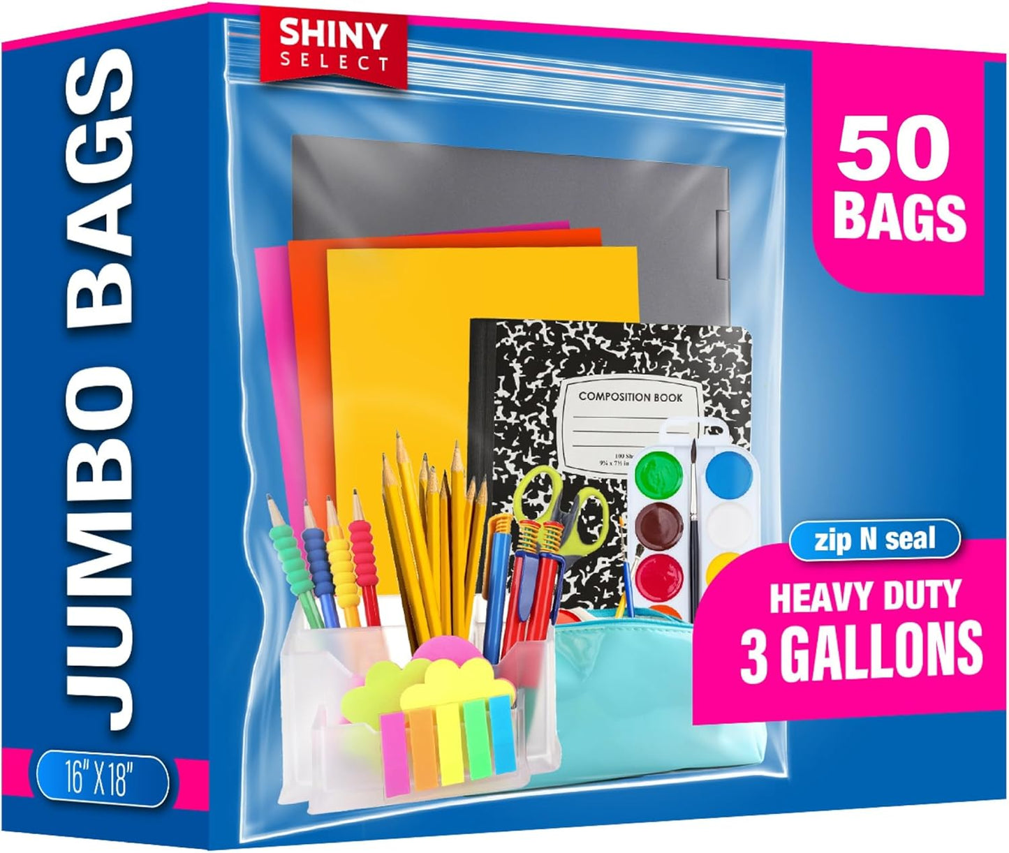 3 Gallon Large Storage Bag, 16”x18”, 50 Count – Big Clear Plastic Resealable Zip & Lock Bag, 2 Mil Heavy Duty for Fruits, Vegetables, Meat Marinate, Office Supplies, Toys, Books, Gears