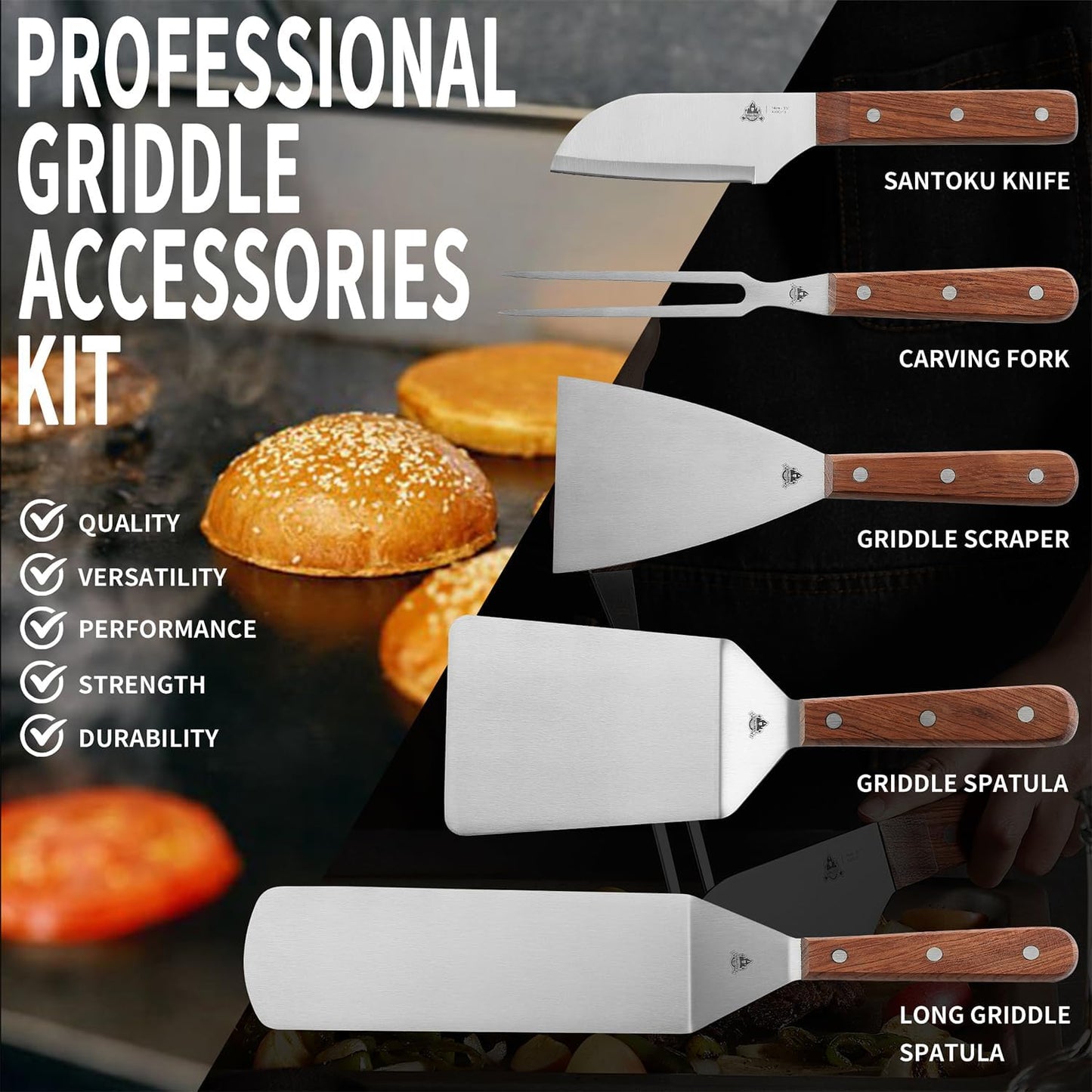 GRILLGEN 6-Piece Professional Griddle Accessories Kit for Griddle Cooking, Premium Rosewood Handles Spatulas Set with Scraper, Santoku Knife, Carving Fork, Storage Bag, Flat Top Grill Accessories