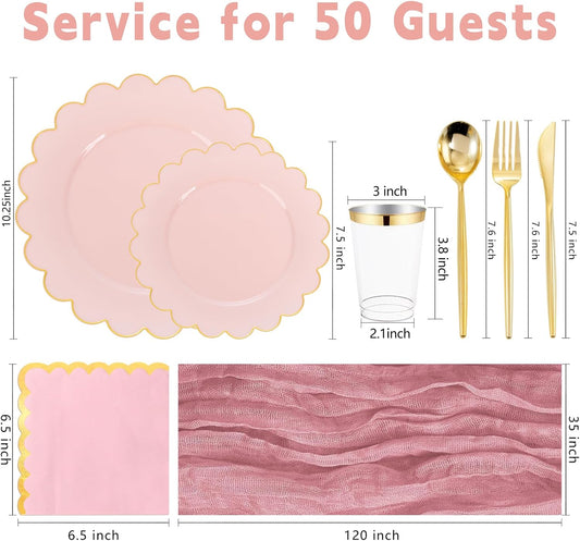 WONDERFUL 351pcs Pink Plastic Plates - Luxury Party Plates and Cups and Napkins Sets Includes 100 Disposable Plate 150 Heavy Duty Silverware 50 Cups 50 Wedding Napkins 1 Table Runner for Wedding Party