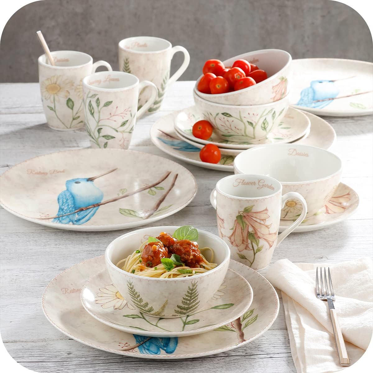 Corona 16–piece Birds Nature Garden Inspired Ceramic Dinnerware Sets | Plates Bowls and Mugs | Service For 4 | Lovely Garden