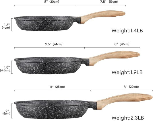 JEETEE Nonstick Frying Pans Set, Nonstick Omelette Skillet Set 3 Pcs, 8" 9.5" 11" Granite Non-Stick Frying pan with Bakelite Handle, Compatible with All Stovetops (Gas, Electric & Induction), Grey