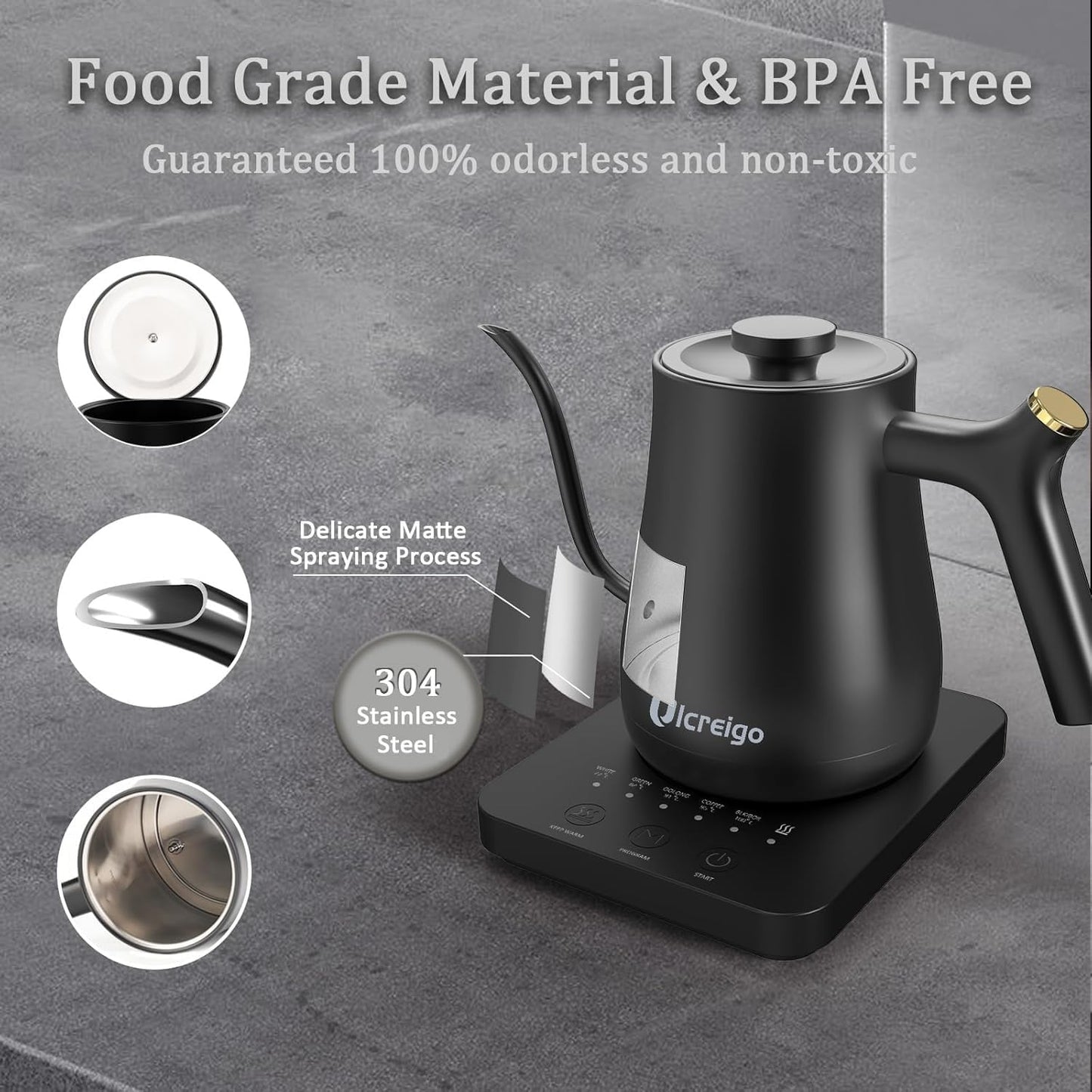 Gooseneck Electric Kettle,Ulcreigo Tea Kettle for Boiling Water, Temperature Control with 5 Variable Presets,Hot Water Boiler Heater for Pour Over Coffee, Keep Warm 2 Hours,304 Stainless Steel(Black)