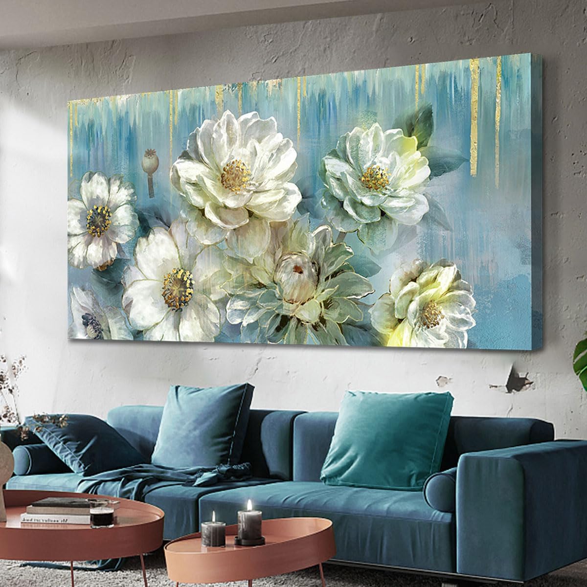 Ardemy Floral Canvas Wall Art Extra Large Magnolia White Flowers Pictures Wall Decor Teal Textured Paintings Modern Turquoise Artwork for Living Room Bedroom Dinning Room Home Office, 58"x29"