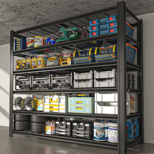 55.12" W Father&I 6-Shelf Industrial Adjustable Heavy-Dudy Tall Metal Garage Storage Shelves Shelving Units/Steel Wire Rack System (Commercial) for Basement/Shop, 84" H*55.12" W*24" D*, Black