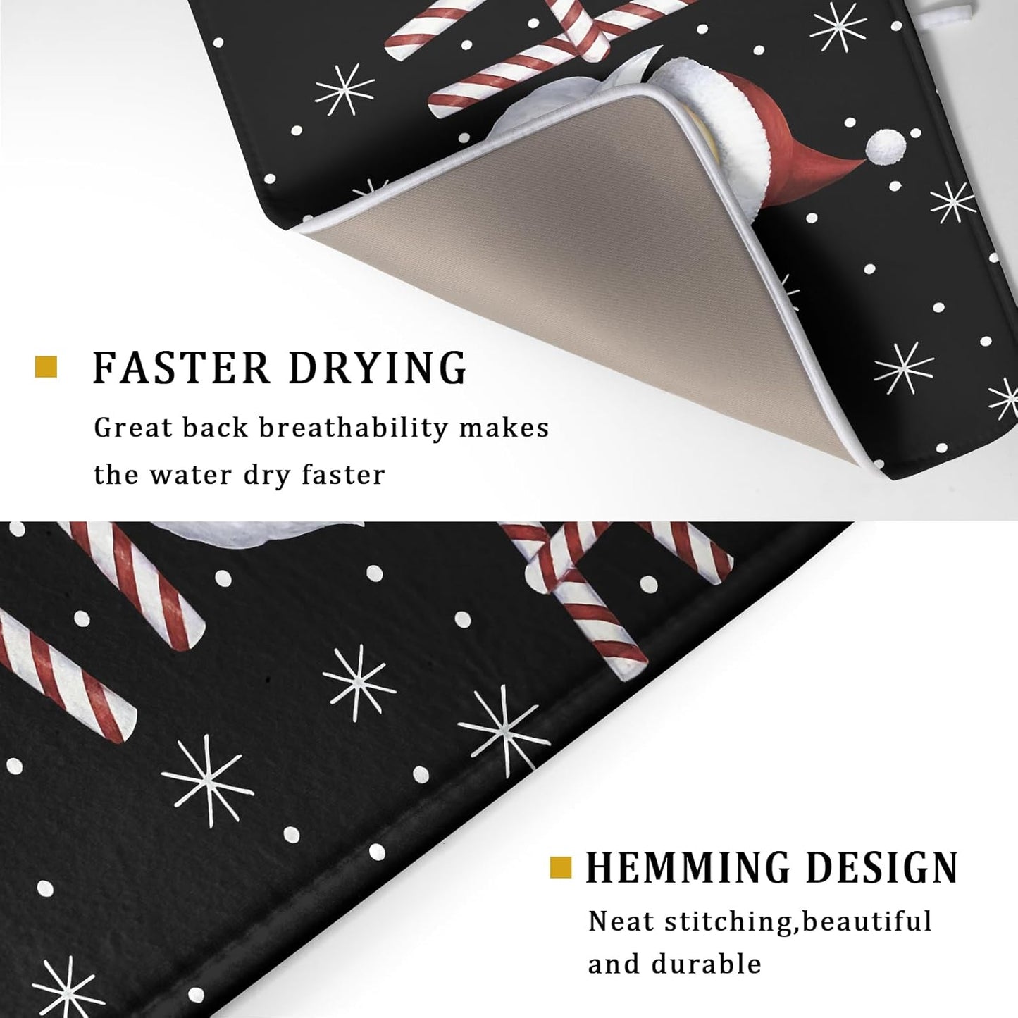 Christmas Santa Laugh Dish Drying Mat Winter Snowflakes Black Dish Drainer Mats Xmas Candy Cane Stick Sweet Dish Dry Pad for Kitchen Countertop Coffee Bar 18x24 inch Large