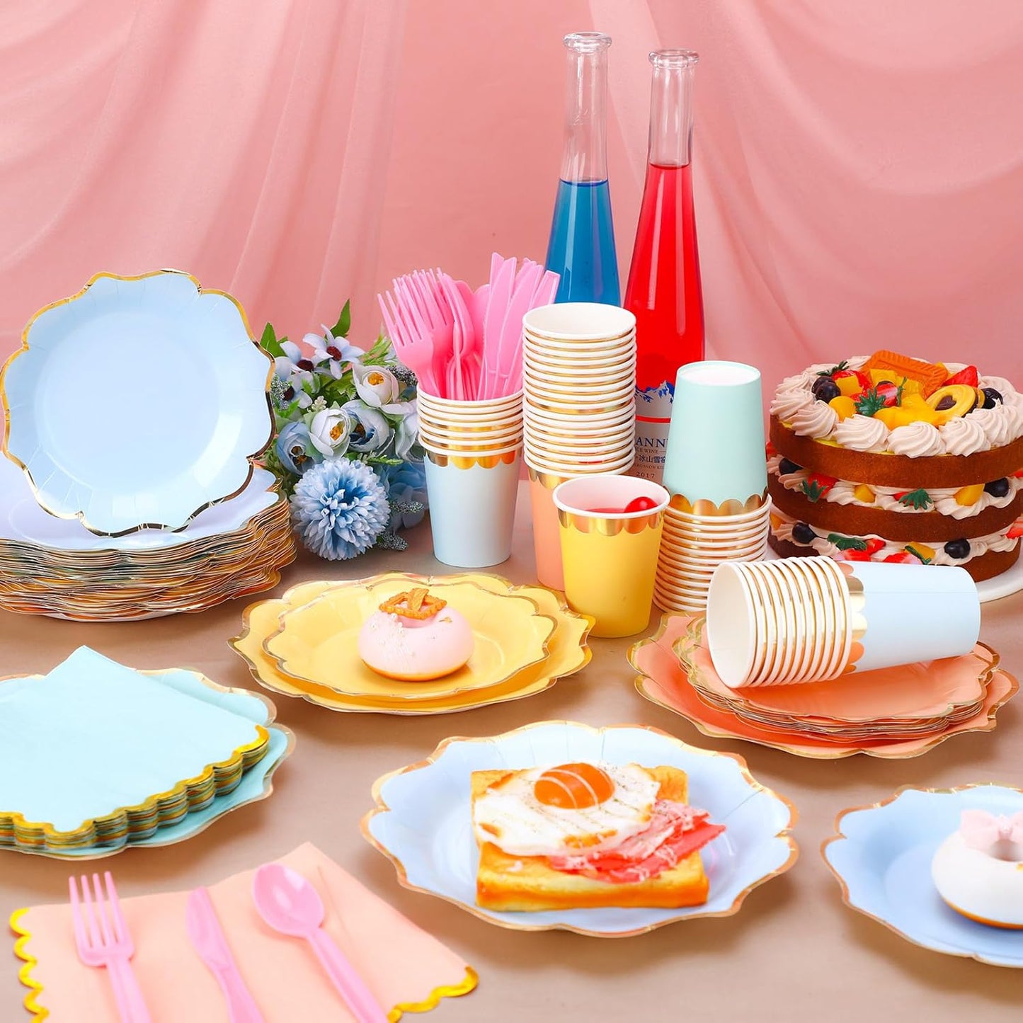 Yaomiao 168 Pcs Pastel Scalloped Paper Plates Cups Napkin with Gold Foil Macaron Colored Disposable Dinnerware Set Serve 24 Guests Princess Birthday Party Baby Shower Decorations(Multicolor,Irregular)