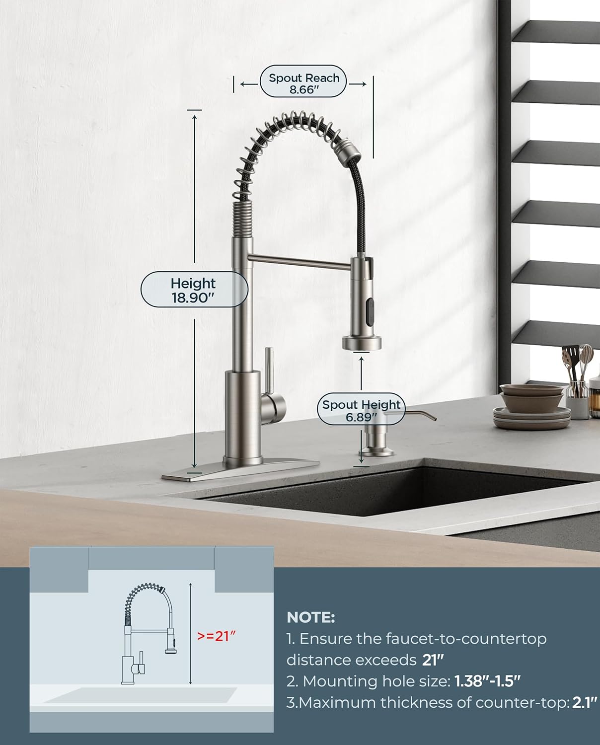 FORIOUS Kitchen Faucet with Soap Dispenser, Brushed Nickel Stainless Steel Spring Sink Faucet with Pull Down Sprayer Transitional Single Handle for Pot Filler, Farmhouse Camper Bar Laundry Room