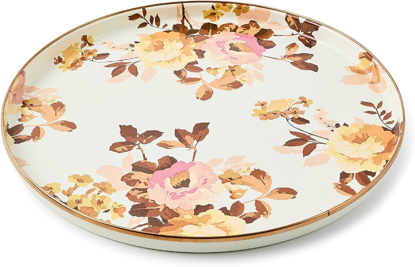 MACKENZIE-CHILDS Enamel Round Tray, Unique Serving Platter for Food and Drinks, Wild Rose White