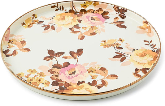 MACKENZIE-CHILDS Enamel Round Tray, Unique Serving Platter for Food and Drinks, Wild Rose White