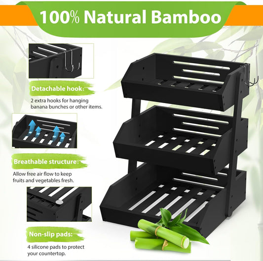 Bamboo Fruit Basket for Kitchen – 3 Tier Fruit Bowl For Kitchen Counter, Large Fruit Holder With 2 Banana Hangers, Idea For Fruit and Vegetable Storage, Bread Basket, Snack Organizer(BLACK)