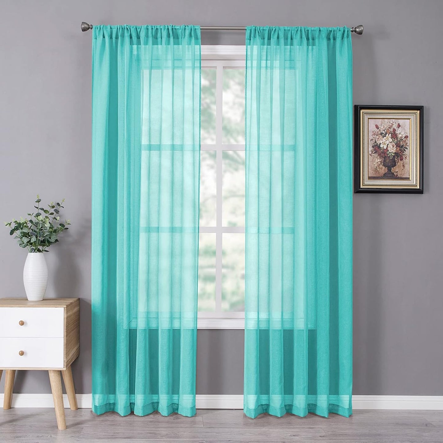 Tollpiz Sheer Curtain Linen Textured Bedroom Curtains Sheer Light Filtering Rod Pocket Voile Curtain for Living Room, 54 x 95 inches Long, Aqua Blue, Set of 2 Panels